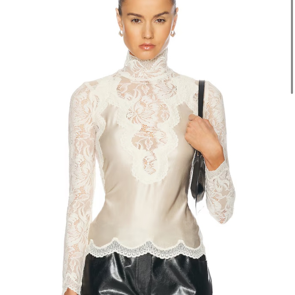 Rabanne High Neck Lace Long-Sleeve Top in Ivory